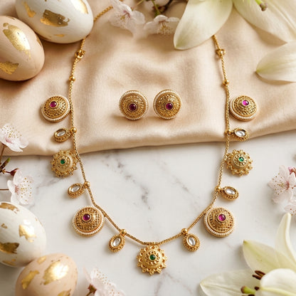 Gold Plated Charm Necklace Set With Stud Earrings
