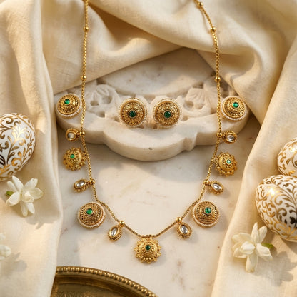 Handcrafted Gold Charm Necklace Set With Studs