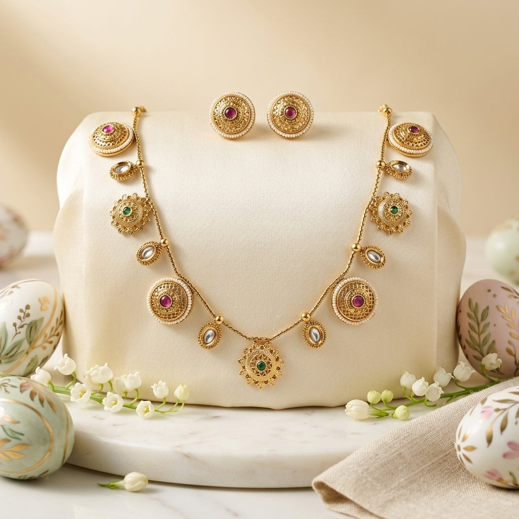 Gold Plated Charm Necklace Set With Stud Earrings