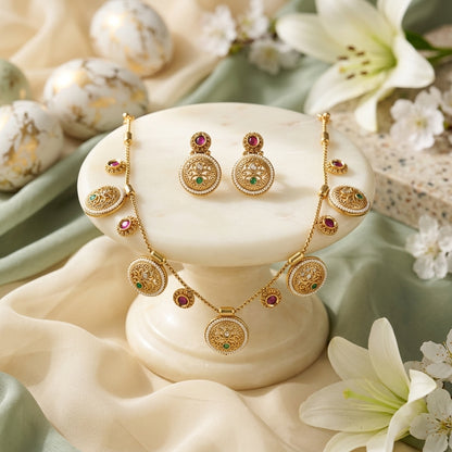Gold Plated Charm Necklace Set With Earrings