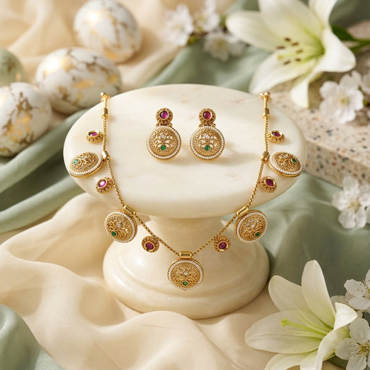 Gold Plated Charm Necklace Set With Earrings