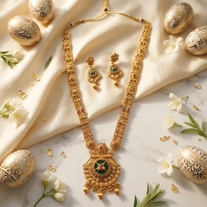 Gold Temple Long Necklace Set With Earrings