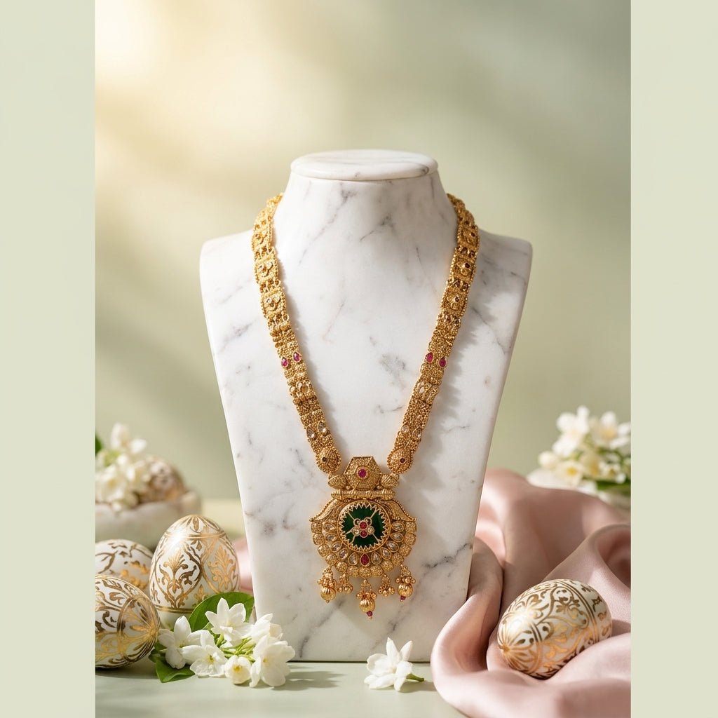 Gold Temple Long Necklace Set With Earrings