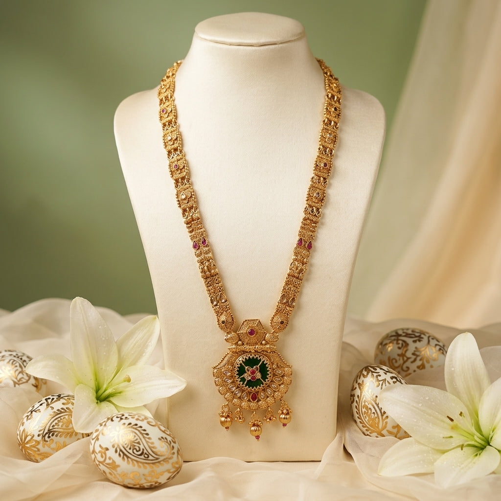 Gold Temple Long Necklace Set With Earrings