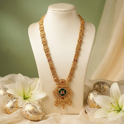 Gold Temple Long Necklace Set With Earrings