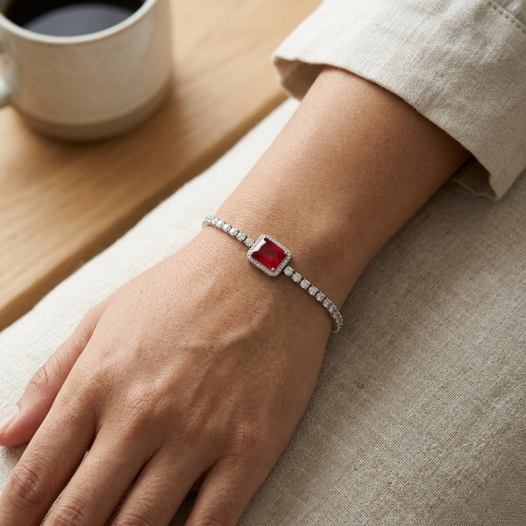 Elegant Silver-Tone Ruby Red Tennis Bracelet