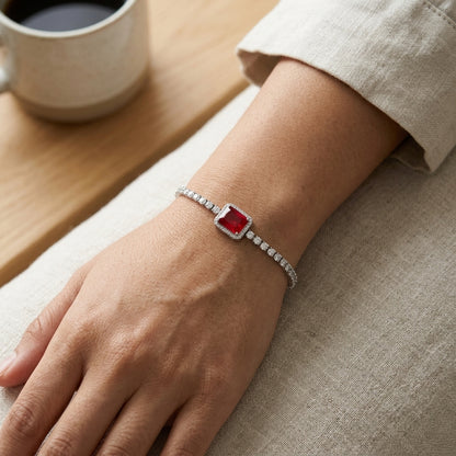 Elegant Silver-Tone Ruby Red Tennis Bracelet
