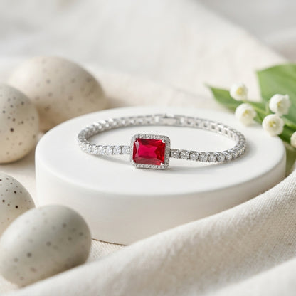 Elegant Silver-Tone Ruby Red Tennis Bracelet