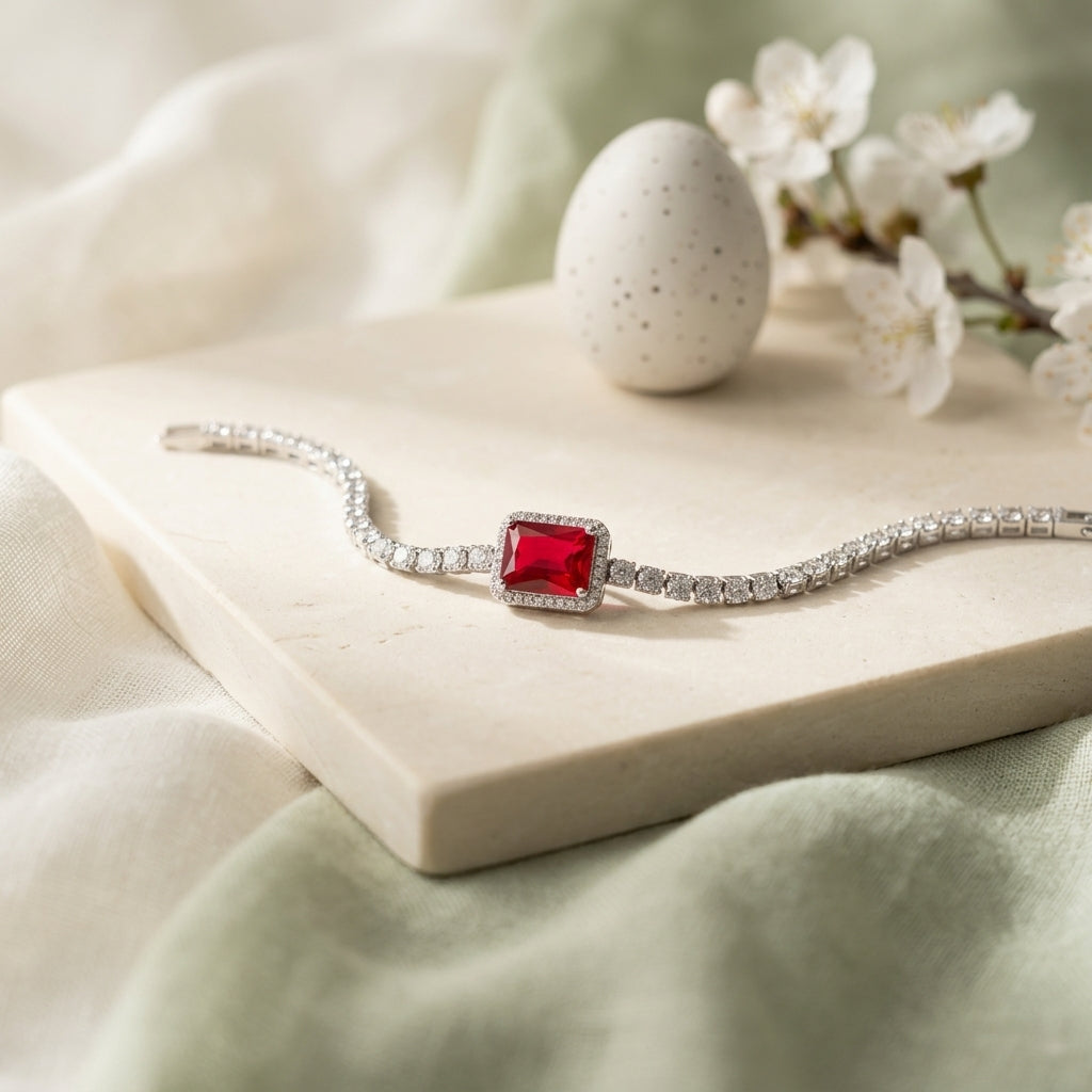 Elegant Silver-Tone Ruby Red Tennis Bracelet
