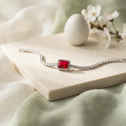 Elegant Silver-Tone Ruby Red Tennis Bracelet