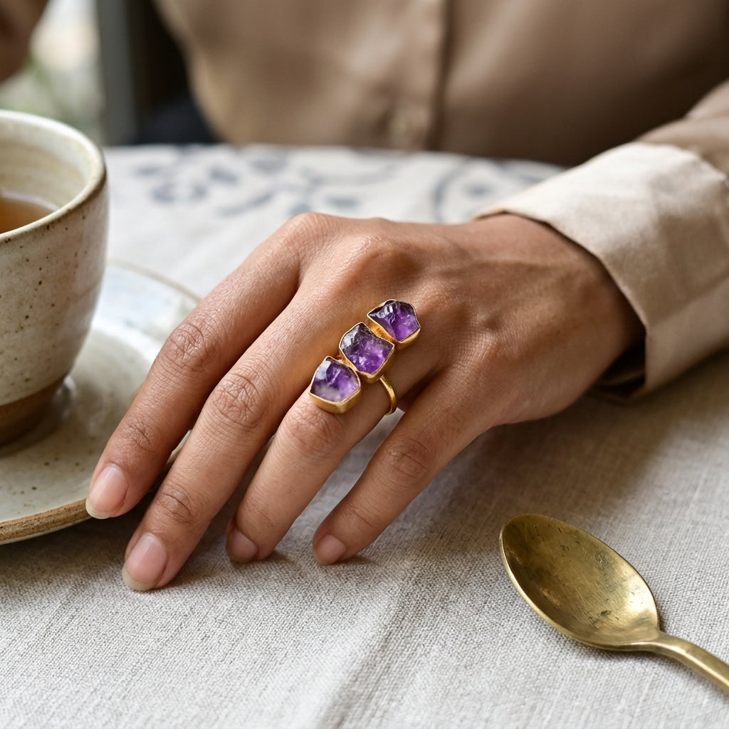 Natural Amethyst Triple Stone Adjustable Ring