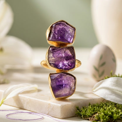 Natural Amethyst Triple Stone Adjustable Ring