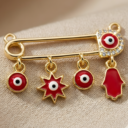 Red Evil Eye Safety Pin Charm Necklace