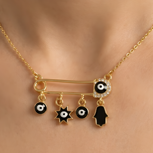 Black Evil Eye Safety Pin Charm Necklace
